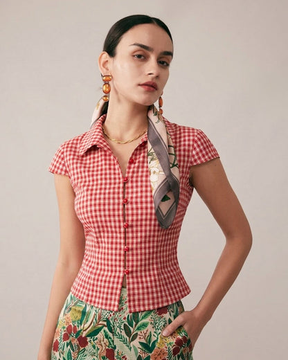 Blusa de Botones de Manga Corta a Cuadros Rojos