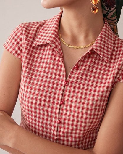 Blusa de Botones de Manga Corta a Cuadros Rojos