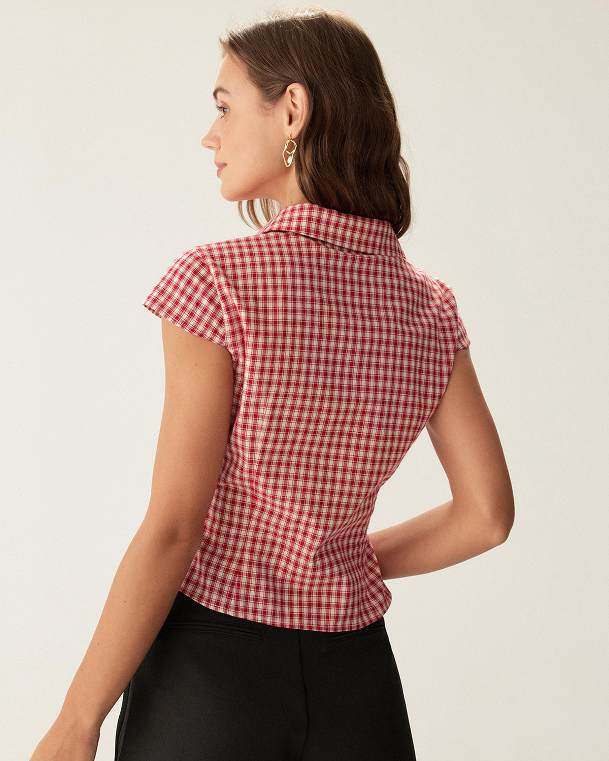 Blusa de Botones de Manga Corta a Cuadros Rojos