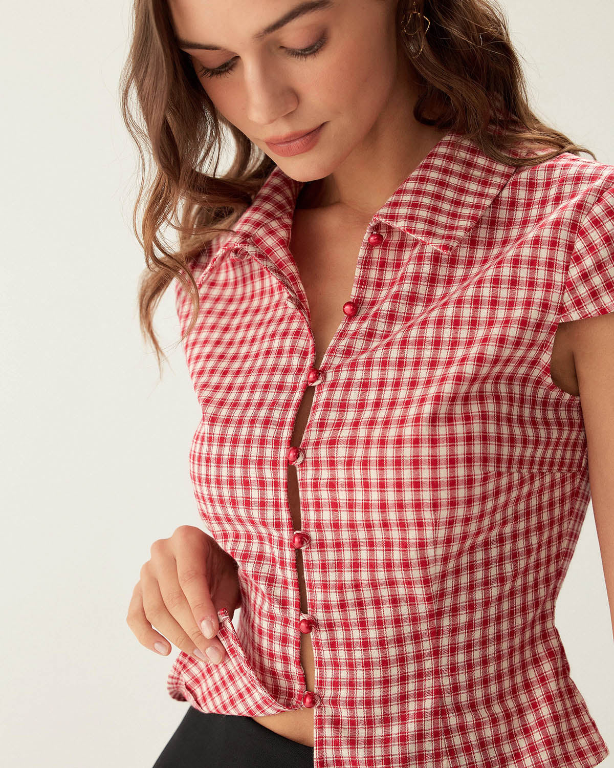 Blusa de Botones de Manga Corta a Cuadros Rojos