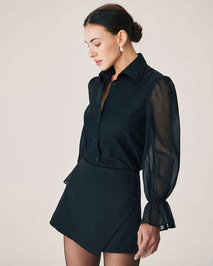 Blusa Negra Transparente con Mangas de Poeta