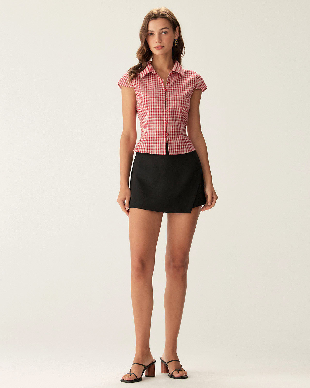 Blusa de Botones de Manga Corta a Cuadros Rojos
