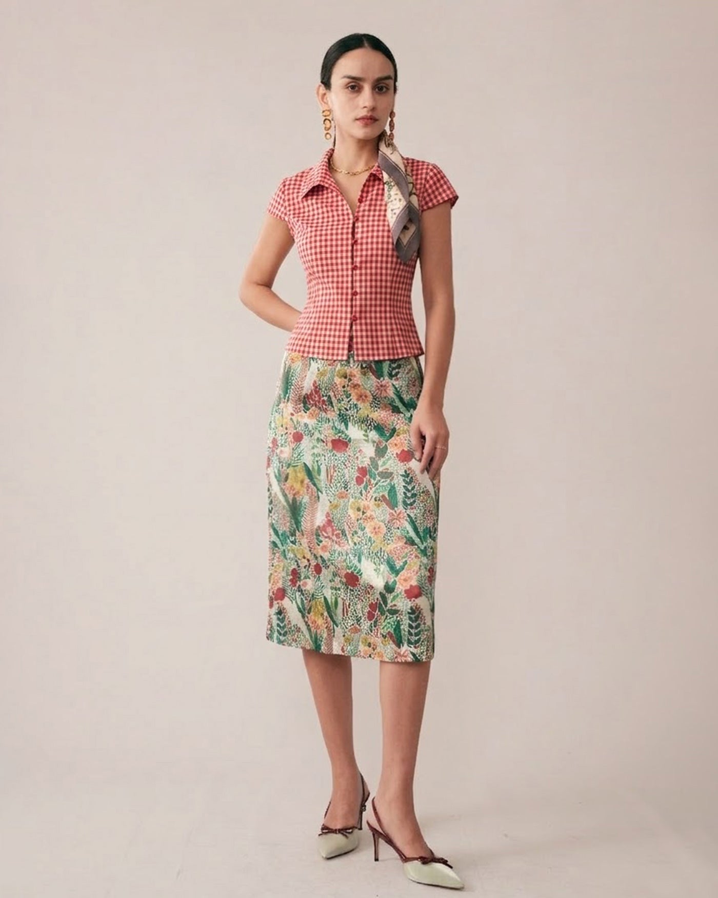 Blusa de Botones de Manga Corta a Cuadros Rojos