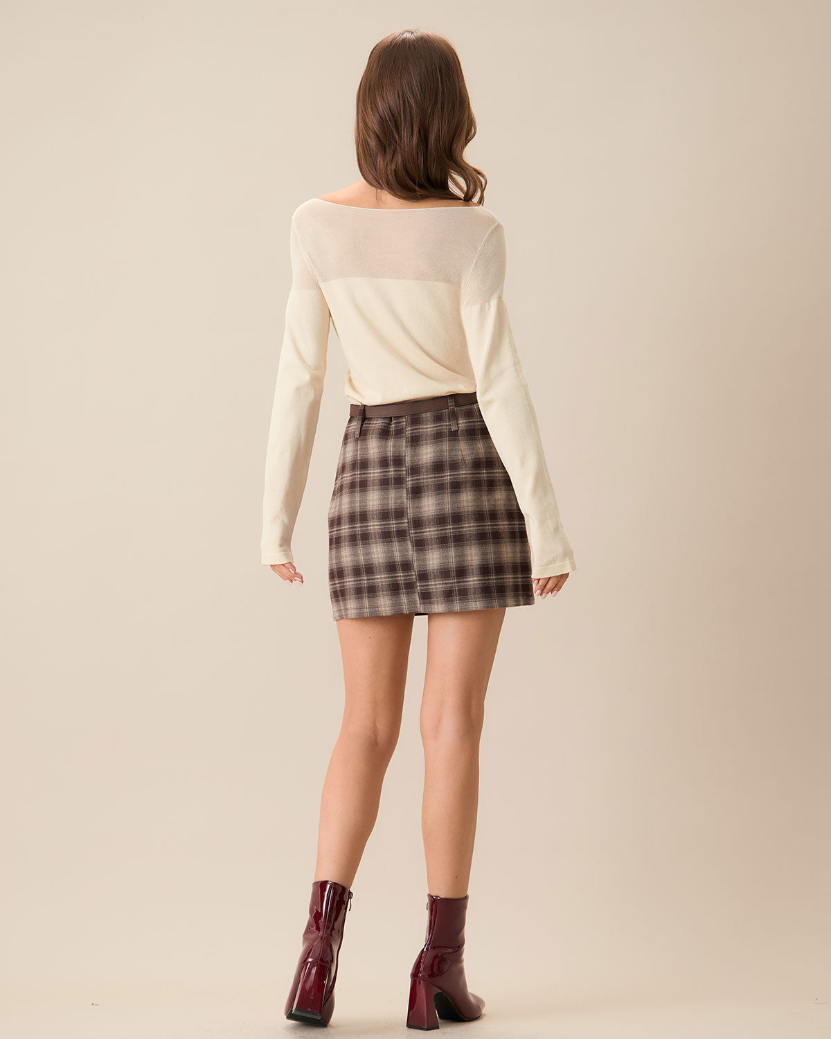 Falda Mini Recta de Cuadros Marrón
