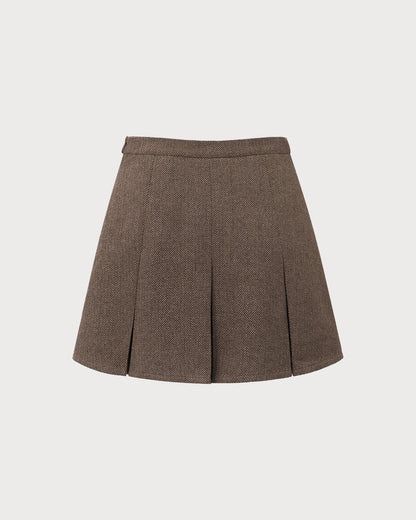 Falda Mini Plisada a Rayas Marrón