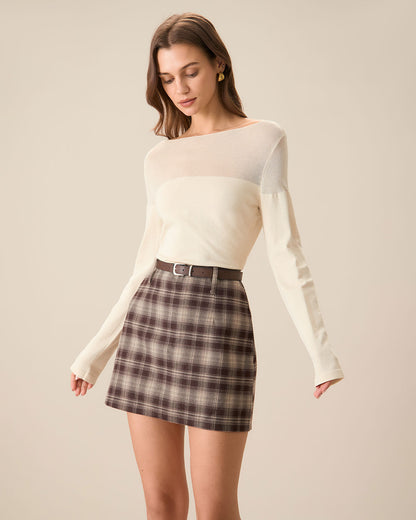 Falda Mini Recta de Cuadros Marrón