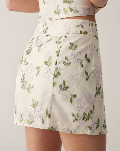 Falda Mini Recta Floral Beige
