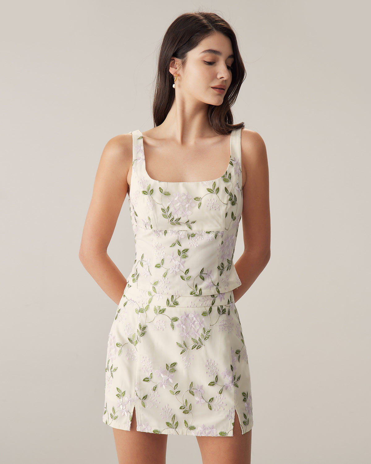 Falda Mini Recta Floral Beige