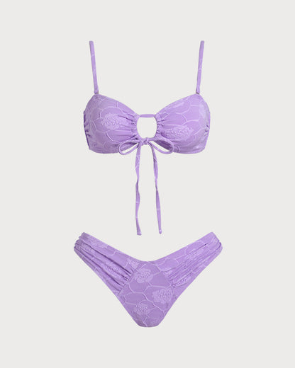 Conjunto de Bikini Bandeau Texturizado Floral Púrpura
