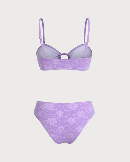 Conjunto de Bikini Bandeau Texturizado Floral Púrpura