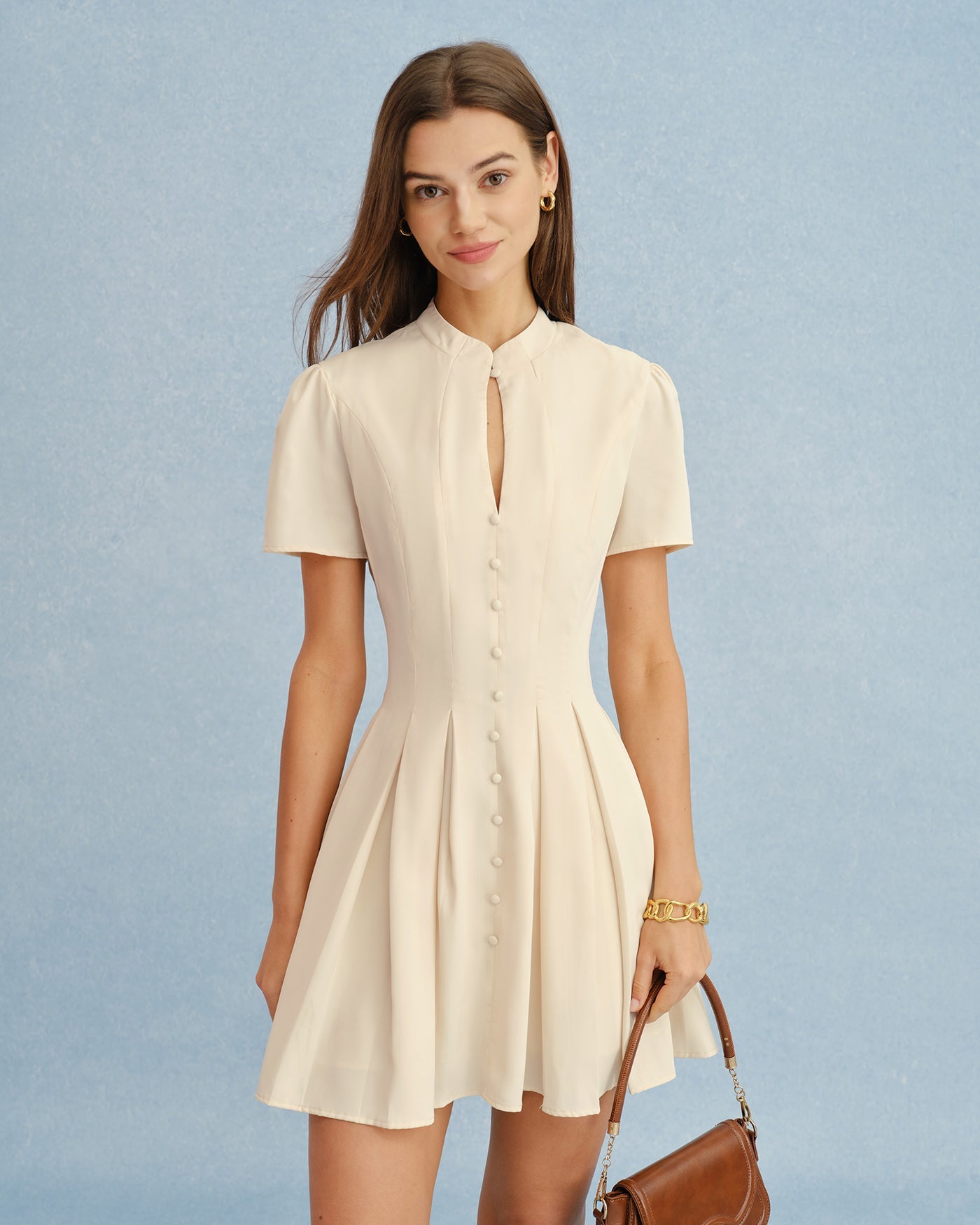 Vestido Mini Corto con Cuello Mandarin de Albaricoque