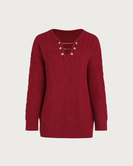 Suéter de Punto Rojo con Cuello en V