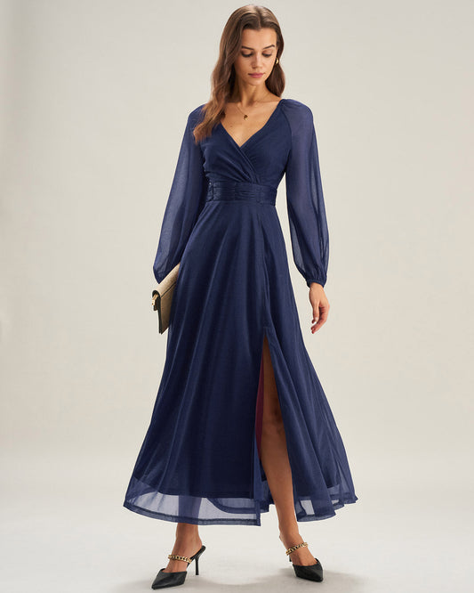 Vestido Maxi A-Line de Cuello en V Azul