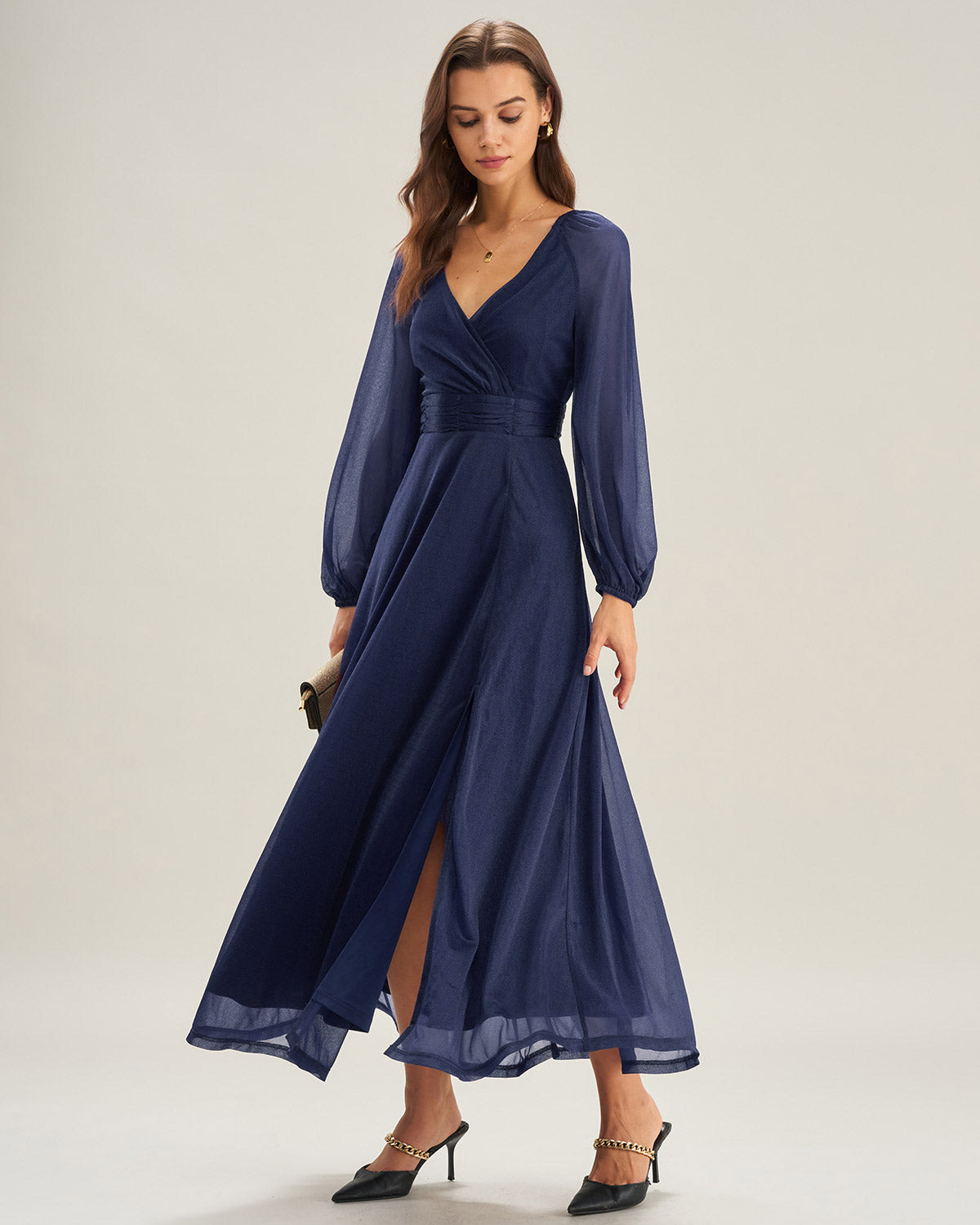 Vestido Maxi A-Line de Cuello en V Azul