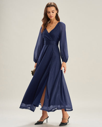 Vestido Maxi A-Line de Cuello en V Azul