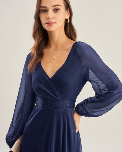 Vestido Maxi A-Line de Cuello en V Azul