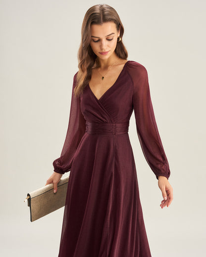 Vestidos Maxi A-Line V de Cuello Morado Transparentes