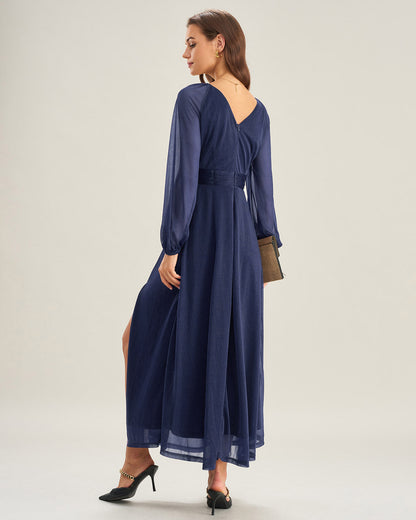 Vestido Maxi A-Line de Cuello en V Azul
