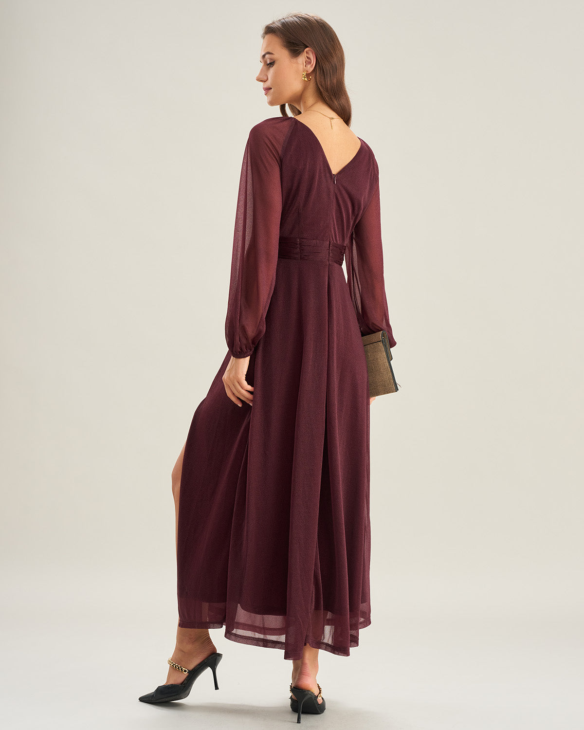 Vestidos Maxi A-Line V de Cuello Morado Transparentes