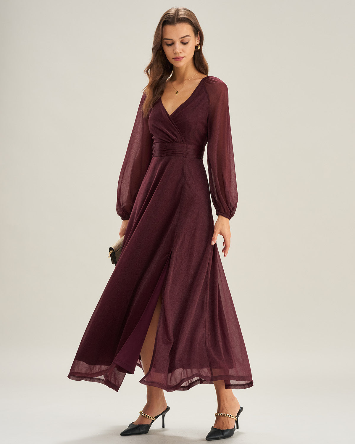 Vestidos Maxi A-Line V de Cuello Morado Transparentes