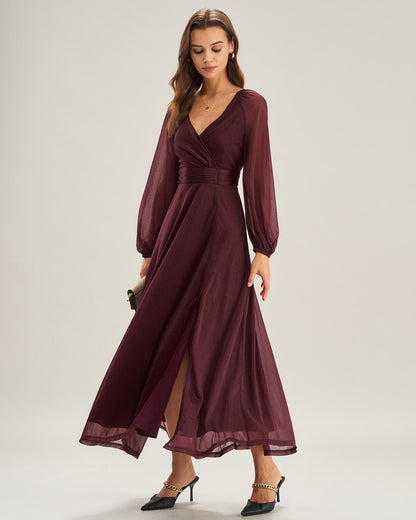 Vestidos Maxi A-Line V de Cuello Morado Transparentes