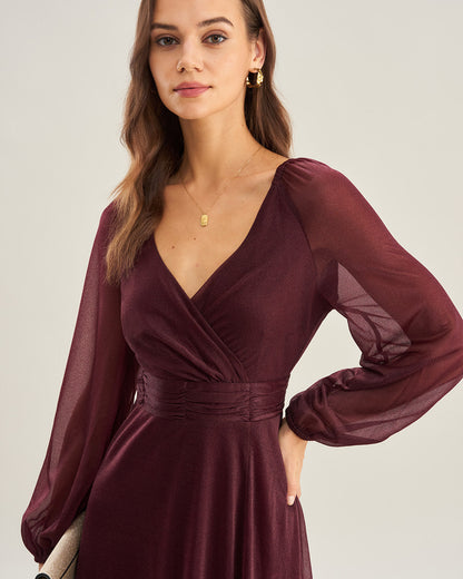 Vestidos Maxi A-Line V de Cuello Morado Transparentes