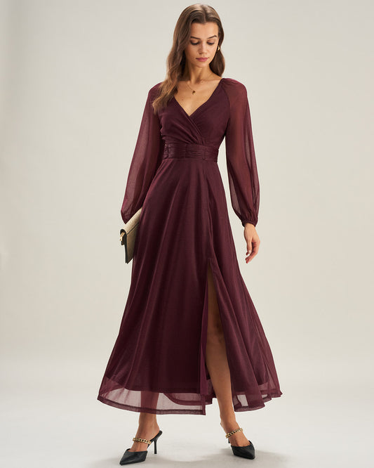 Vestidos Maxi A-Line V de Cuello Morado Transparentes