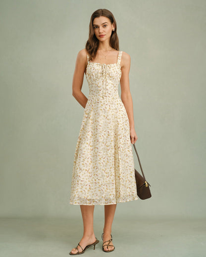 Vestido Midi Slip Floral de Albaricoque con Cremallera