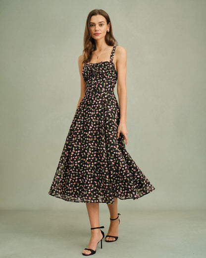 Vestido Midi de Tirantes con Estampado Floral Negro