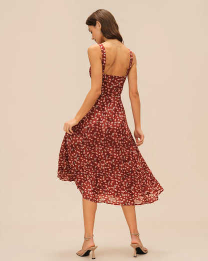 Vestido Midi Deslizante Floral Color Rojo Vino