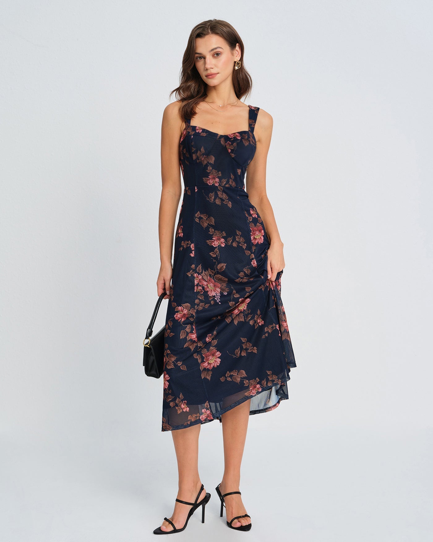 Vestido Midi Deslizante Floral Azul