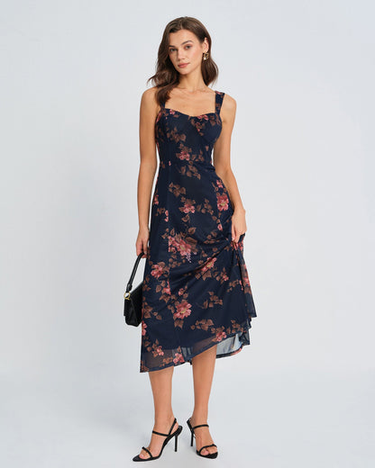 Vestido Midi Deslizante Floral Azul