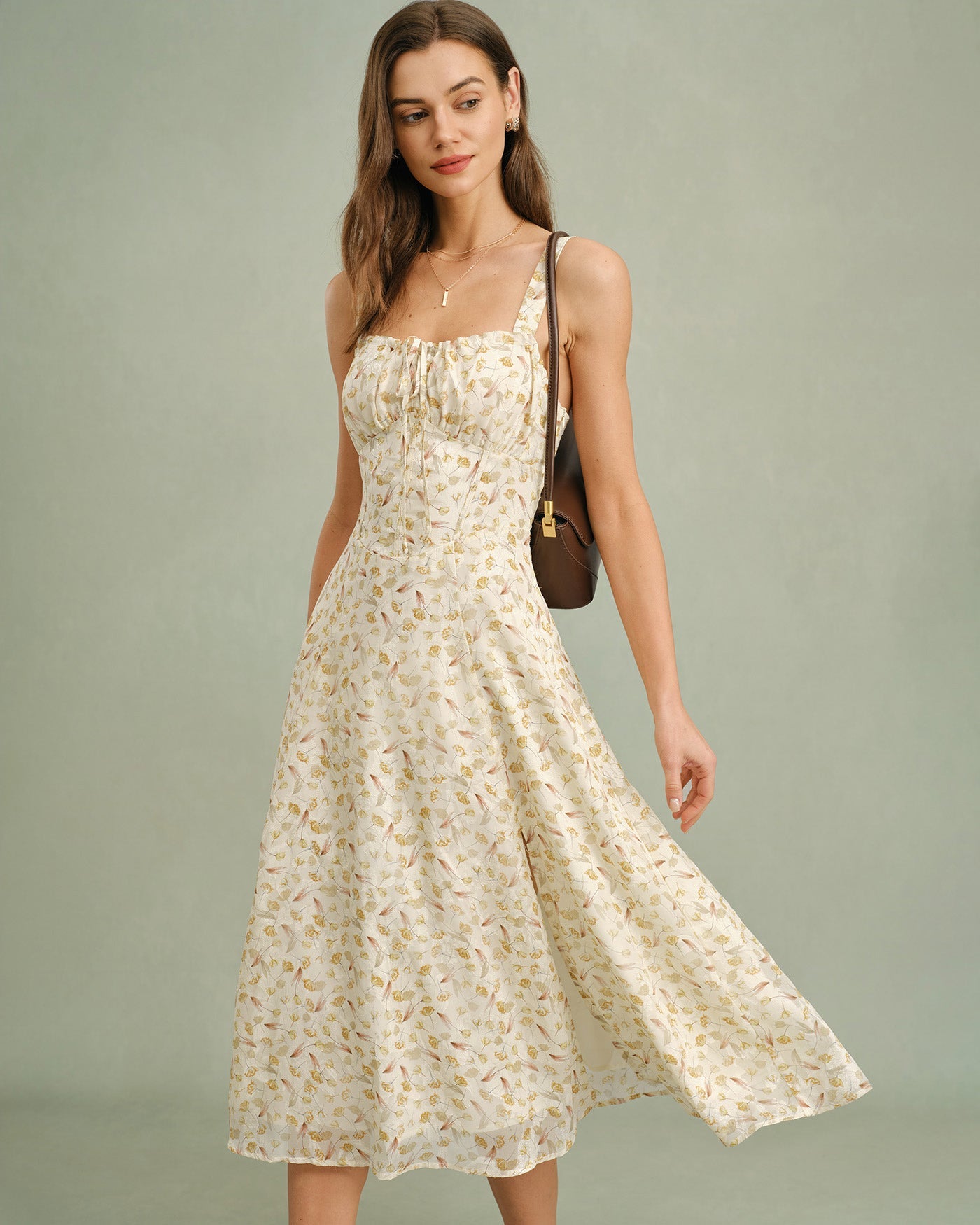 Vestido Midi Slip Floral de Albaricoque con Cremallera