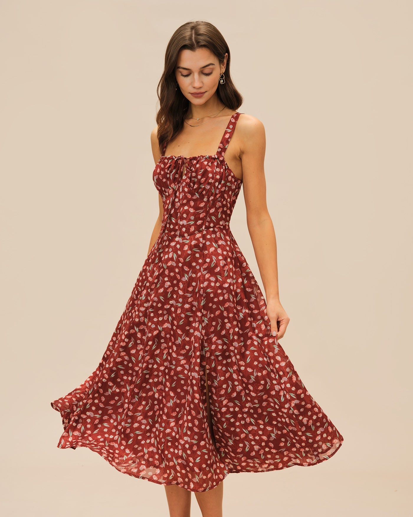 Vestido Midi Deslizante Floral Color Rojo Vino