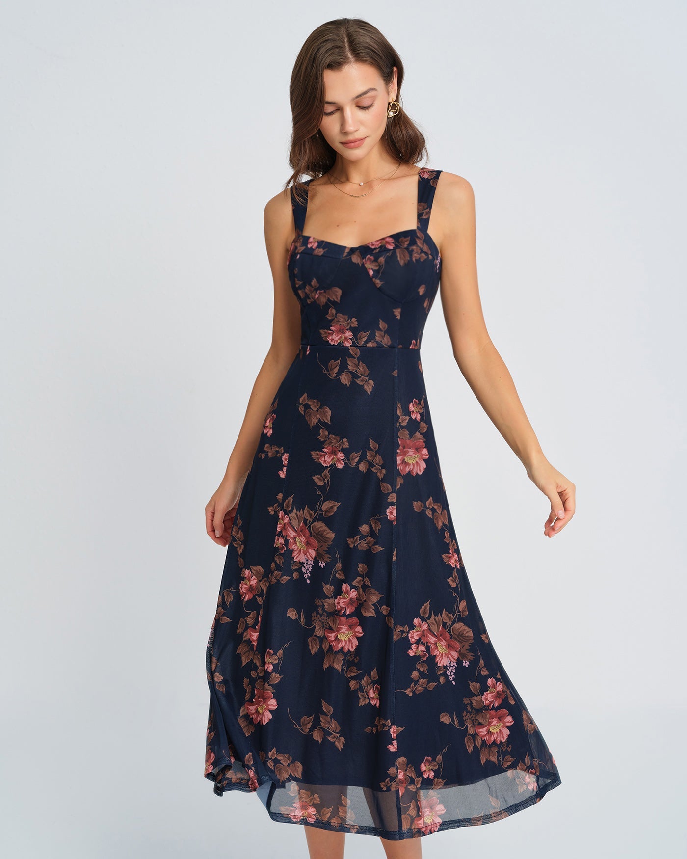 Vestido Midi Deslizante Floral Azul