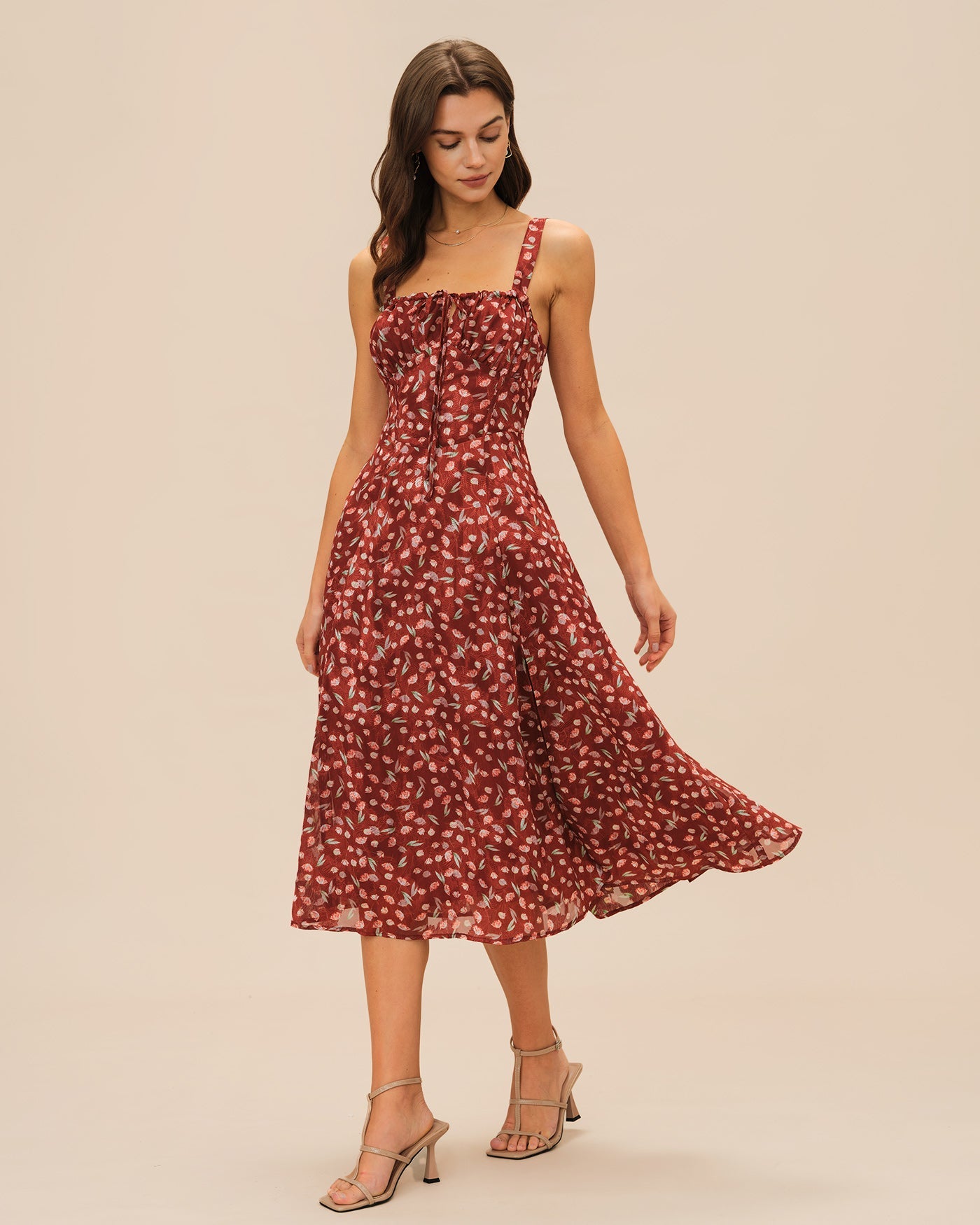 Vestido Midi Deslizante Floral Color Rojo Vino