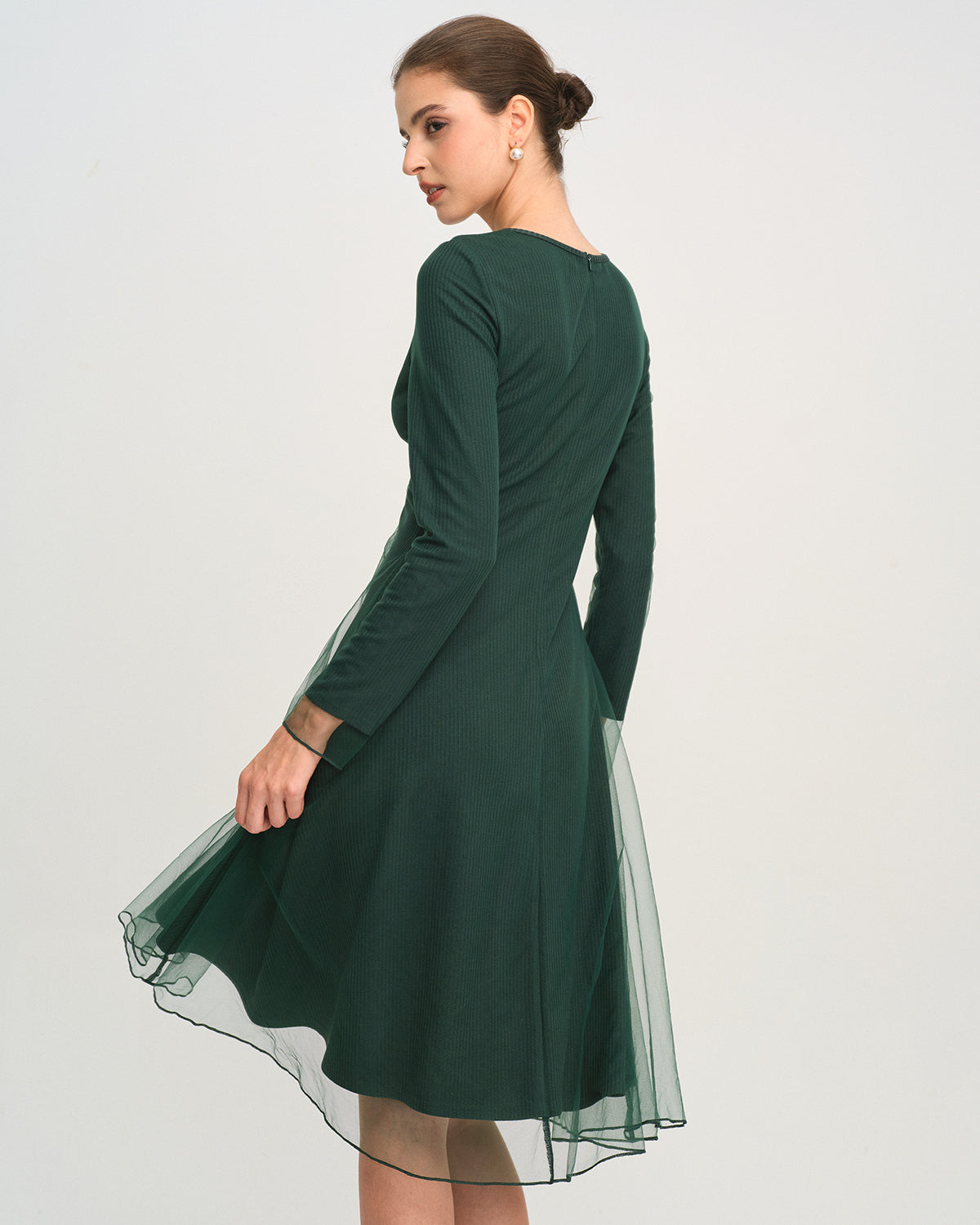 Vestido Midi de Punto de Malla de Cuello Redondo Verde