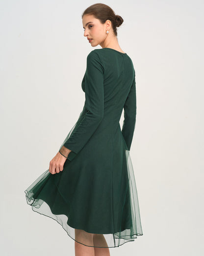 Vestido Midi de Punto de Malla de Cuello Redondo Verde