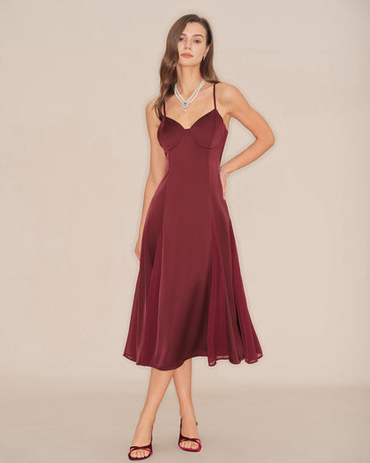 Vestido Midi A-Line de Tirantes en Rojo Vino