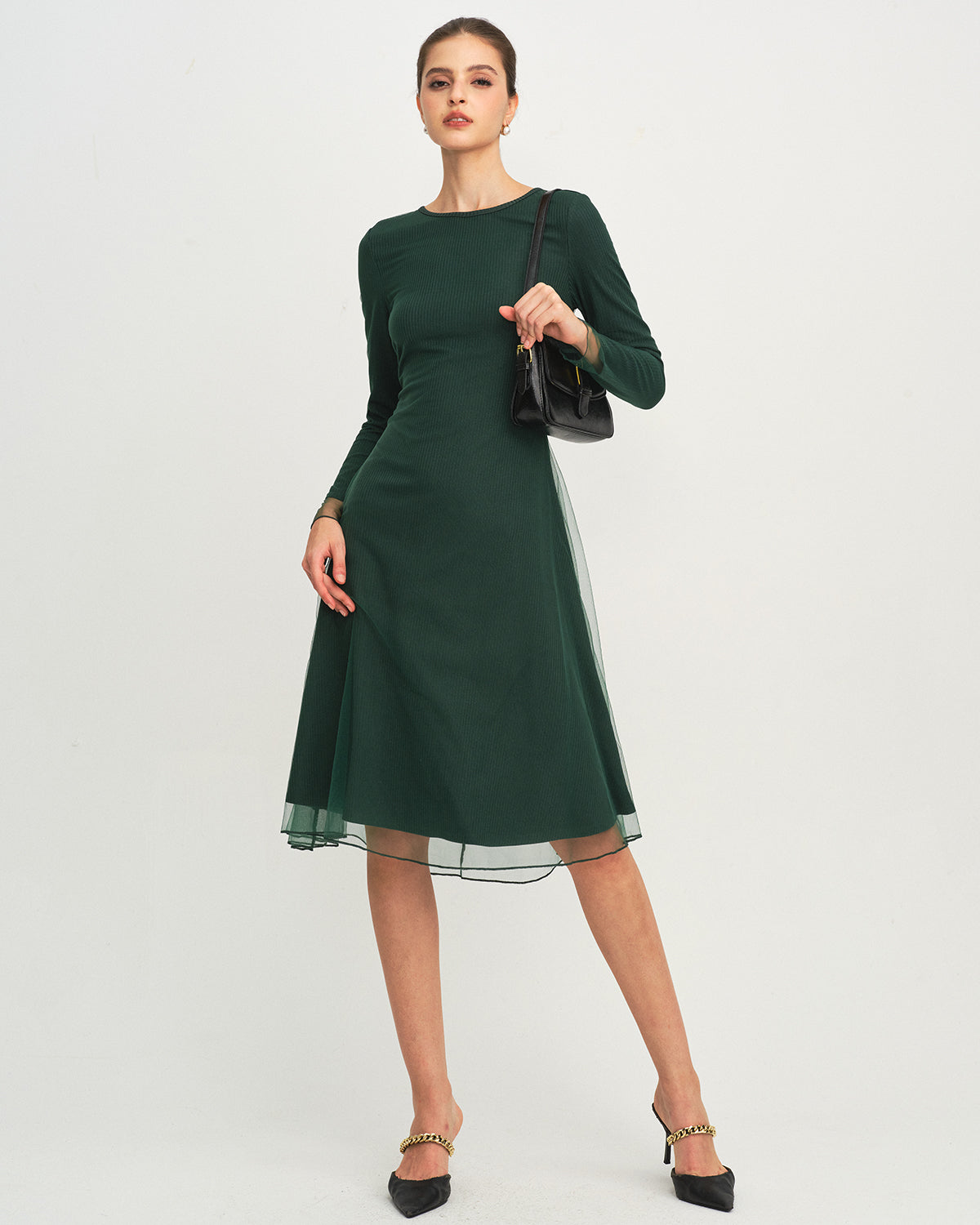 Vestido Midi de Punto de Malla de Cuello Redondo Verde
