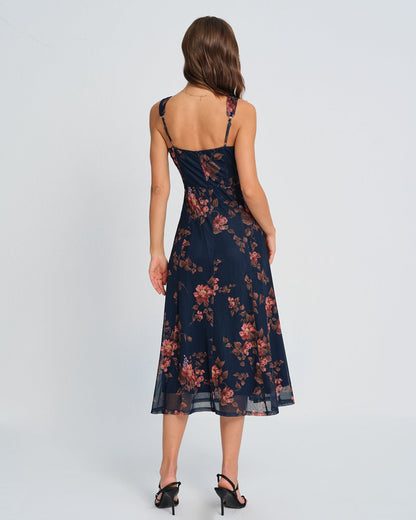 Vestido Midi Deslizante Floral Azul