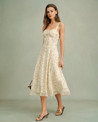 Vestido Midi Slip Floral de Albaricoque con Cremallera