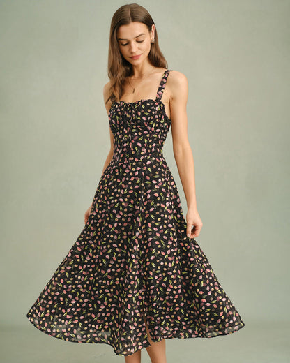 Vestido Midi de Tirantes con Estampado Floral Negro