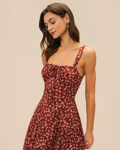 Vestido Midi Deslizante Floral Color Rojo Vino