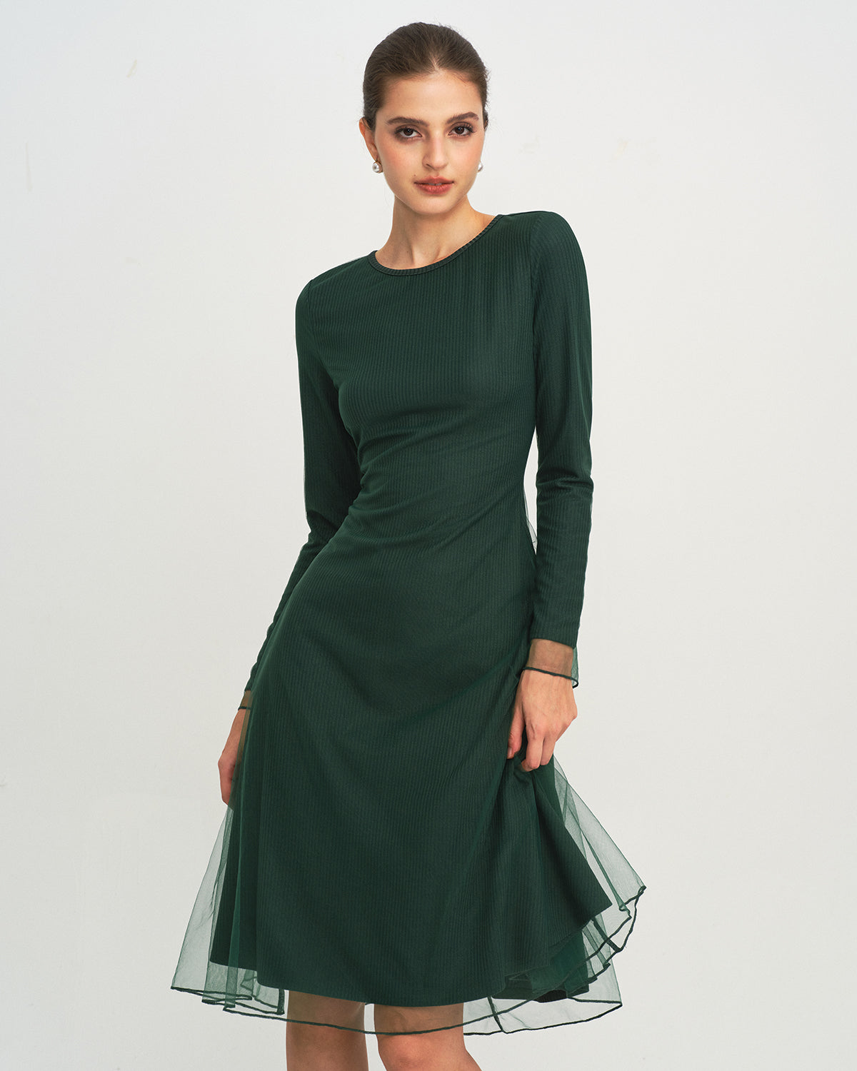 Vestido Midi de Punto de Malla de Cuello Redondo Verde