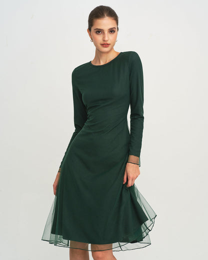 Vestido Midi de Punto de Malla de Cuello Redondo Verde