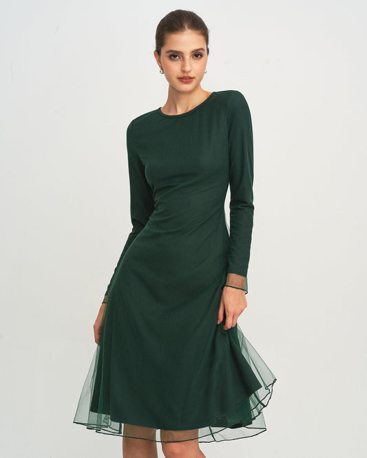 Vestido Midi de Punto de Malla de Cuello Redondo Verde