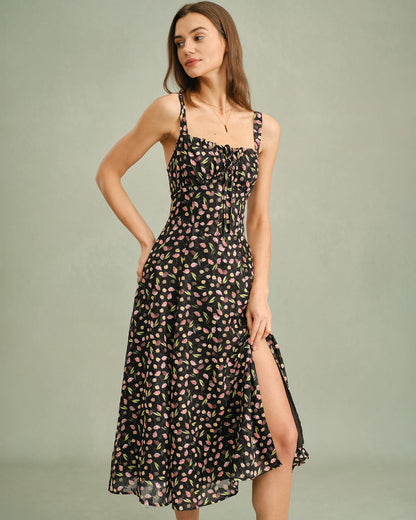 Vestido Midi de Tirantes con Estampado Floral Negro