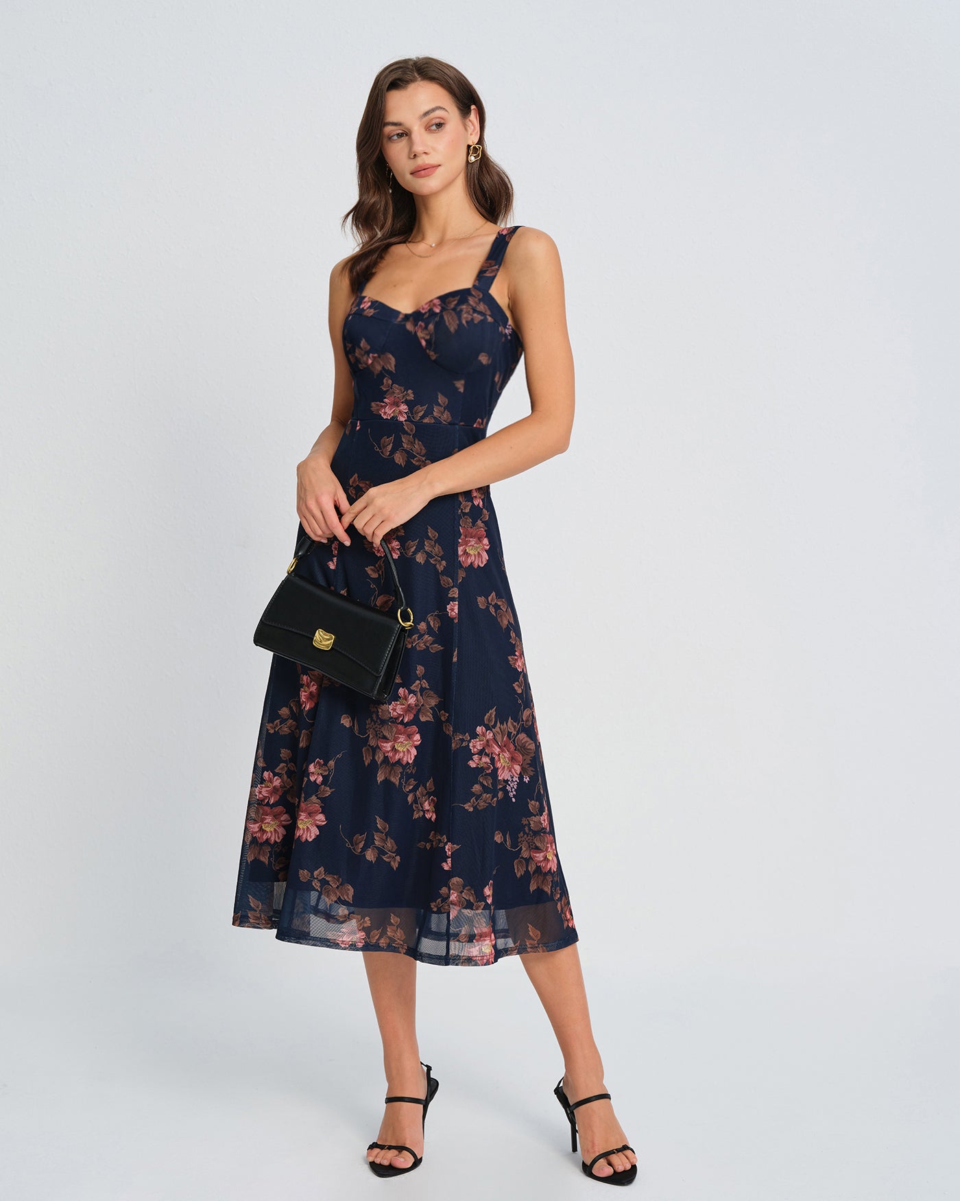 Vestido Midi Deslizante Floral Azul