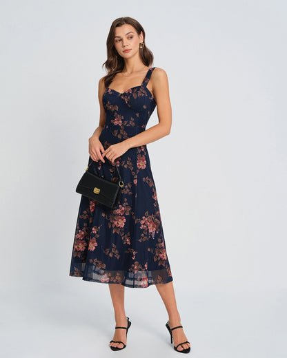 Vestido Midi Deslizante Floral Azul